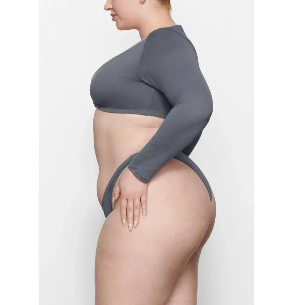 Skims Swim Long Sleeve Front Hook‎ Crop Top Gunmetal Grey 4X NEW